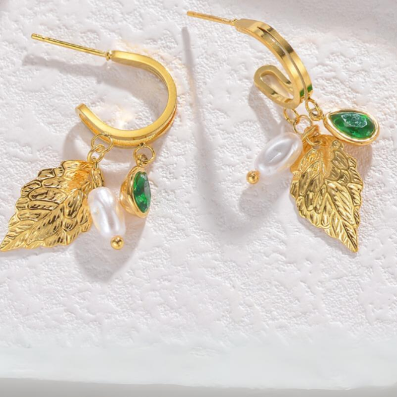 Pearl Leaf Charm Hoop Earrings