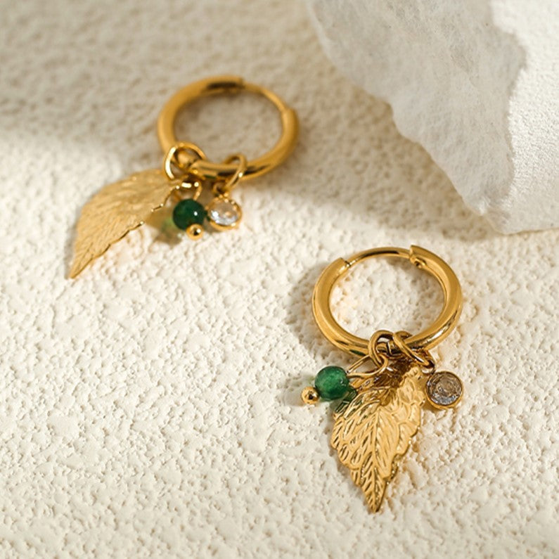 Pearl Leaf Charm Hoop Earrings