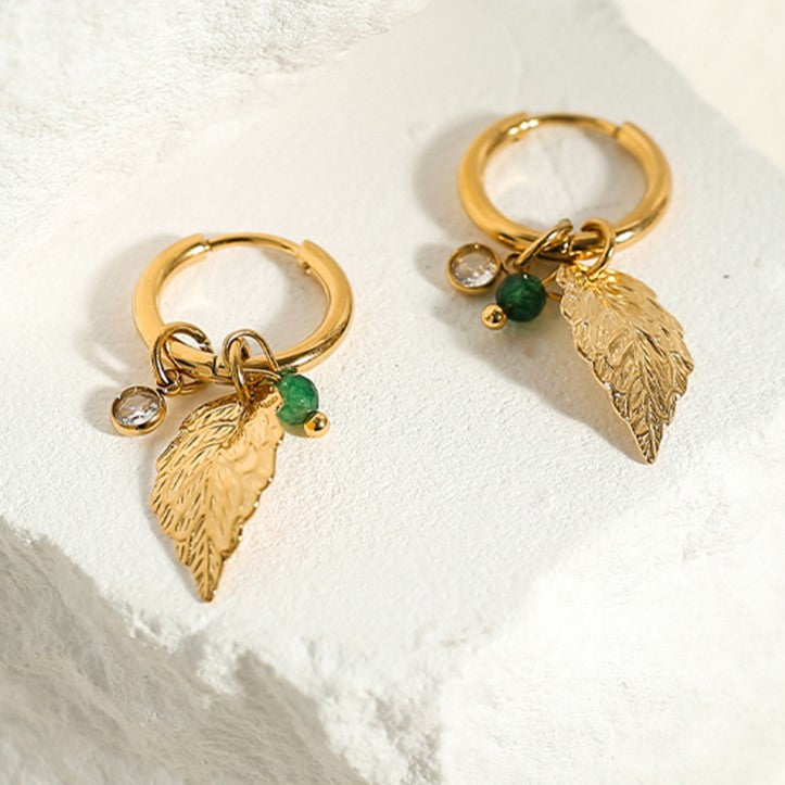 Pearl Leaf Charm Hoop Earrings