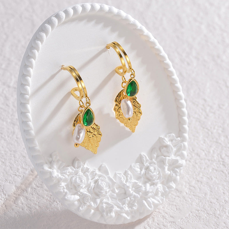 Pearl Leaf Charm Hoop Earrings