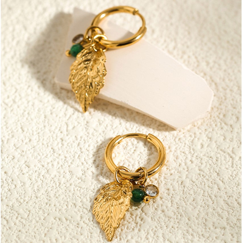 Pearl Leaf Charm Hoop Earrings