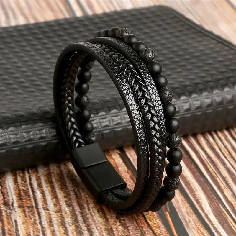 Men's Leather and Bead Bracelet - Enzo