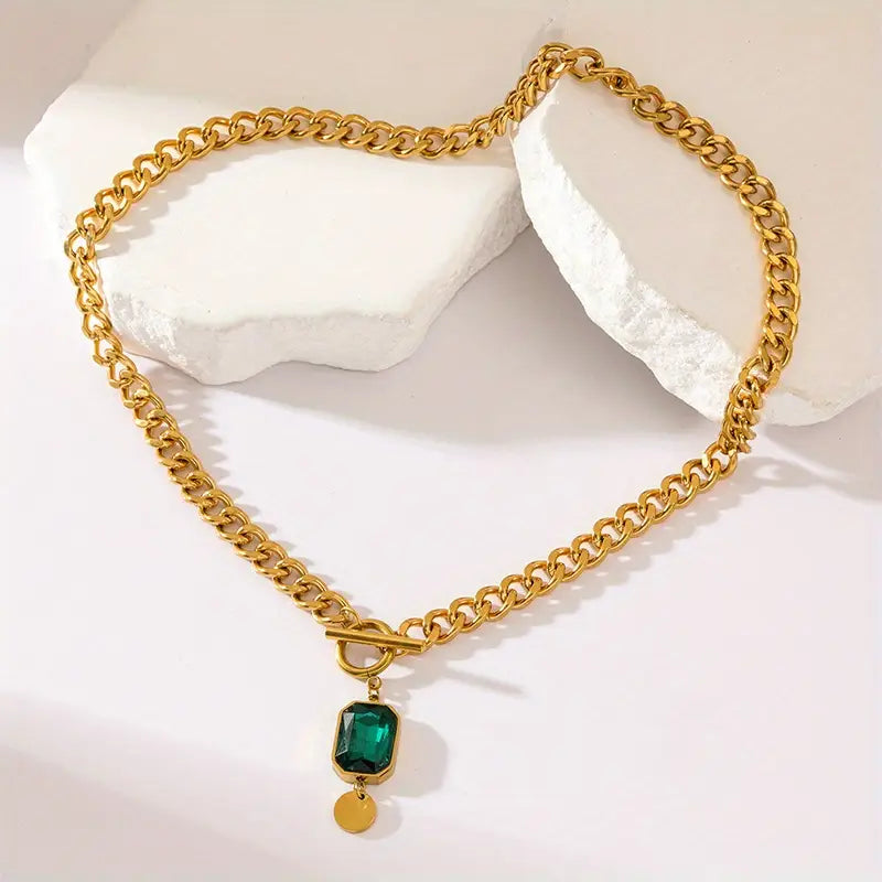 Gold necklace with chain and green crystal pendant - Althea