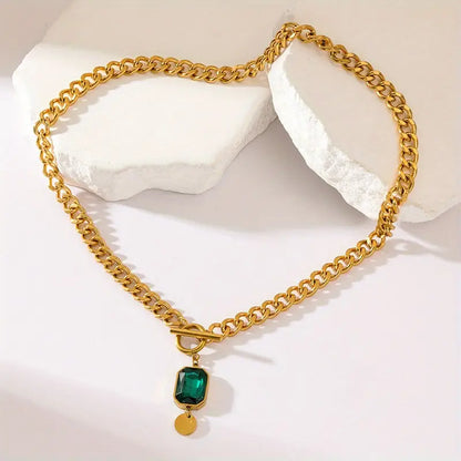 Gold necklace with chain and green crystal pendant - Althea