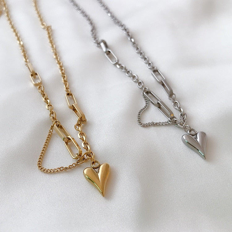 Mixed‑Link Heart Pendant Necklace