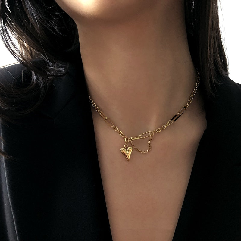 Mixed‑Link Heart Pendant Necklace