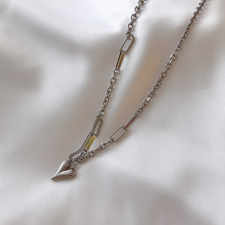 Mixed‑Link Heart Pendant Necklace