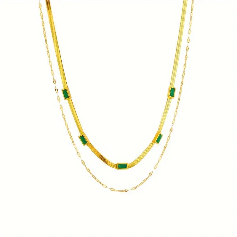 Gold-plated double necklace with green rectangles - Narelle