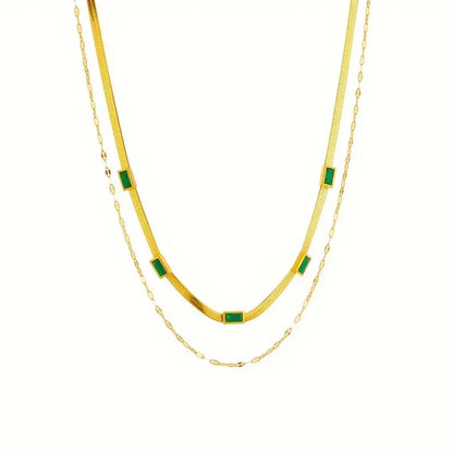 Gold-plated double necklace with green rectangles - Narelle