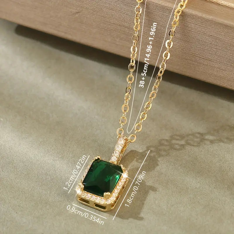 Gold necklace with rectangular green pendant - Elanora