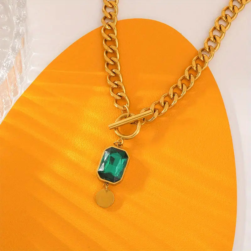 Gold necklace with chain and green crystal pendant - Althea