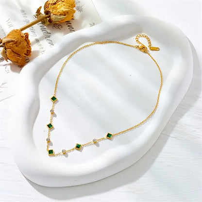 Gold necklace with green crystals and cubic zirconia - Evelina