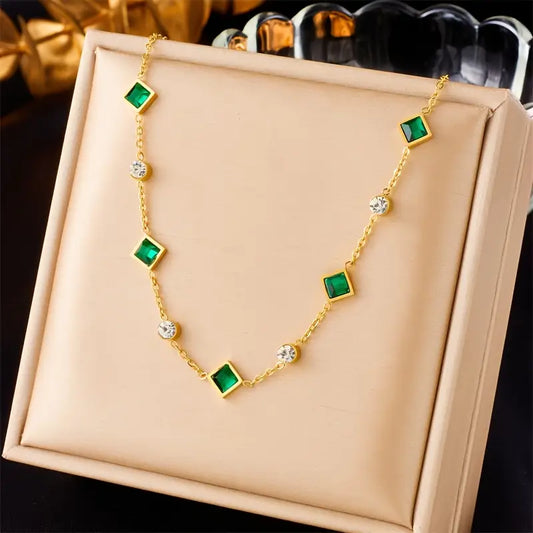 Gold necklace with green crystals and cubic zirconia - Evelina