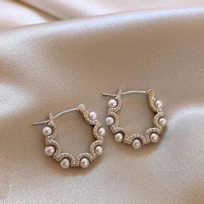 Pearl Pavé Wave Hoop Earrings