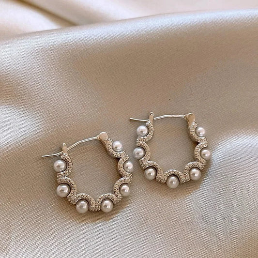 Pearl Pavé Wave Hoop Earrings