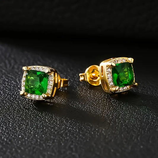 Gold earrings with square green stone - Clarissa