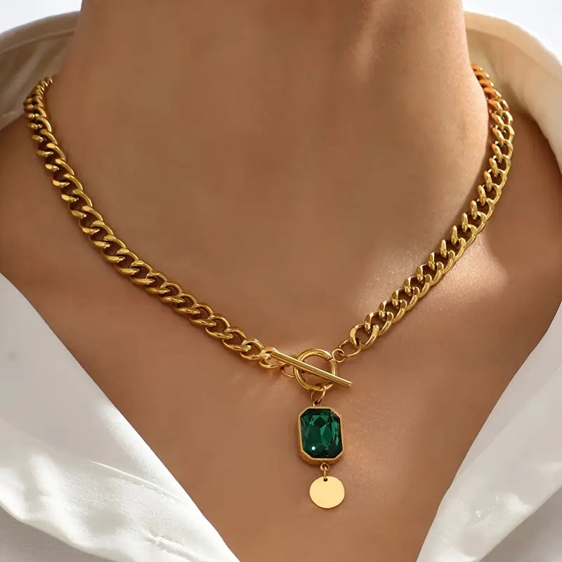 Gold necklace with chain and green crystal pendant - Althea