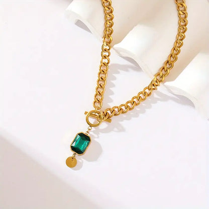 Gold necklace with chain and green crystal pendant - Althea