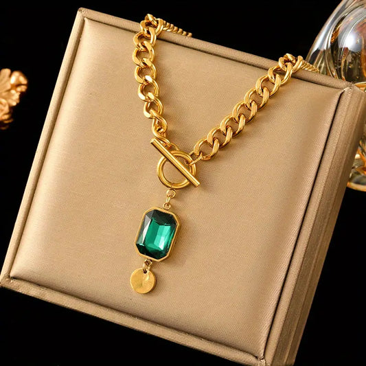 Gold necklace with chain and green crystal pendant - Althea