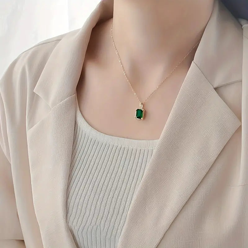Gold necklace with rectangular green pendant - Elanora