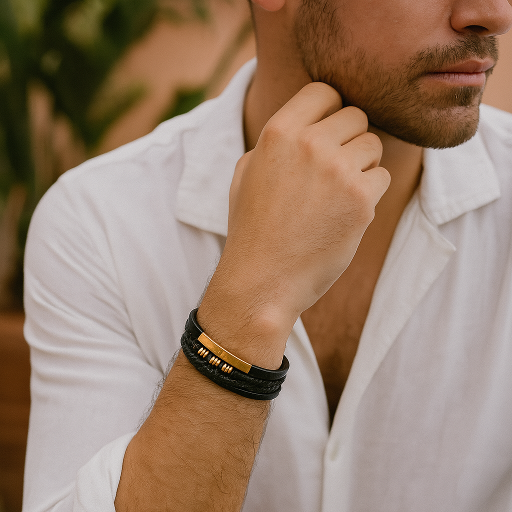 Men's Leather Bracelet with Gold Accents - Adriano