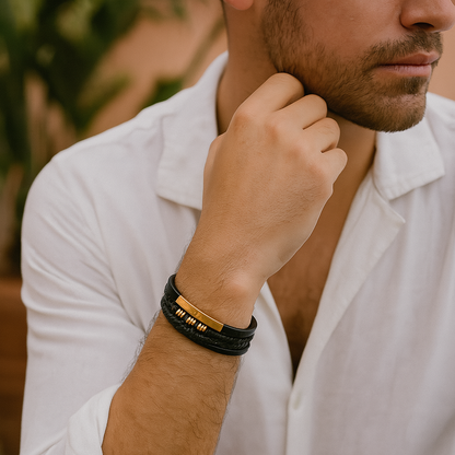 Men's Leather Bracelet with Gold Accents - Adriano