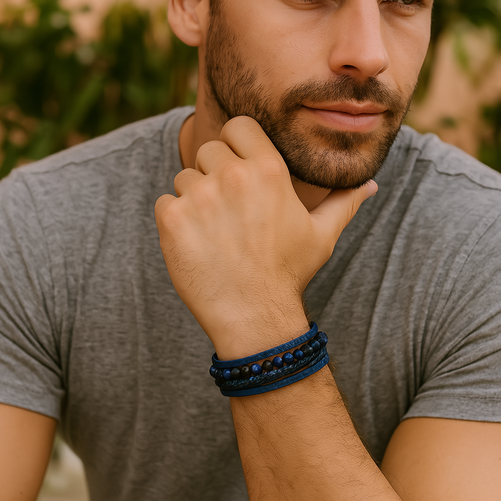 Men's Leather and Bead Bracelet - Enzo