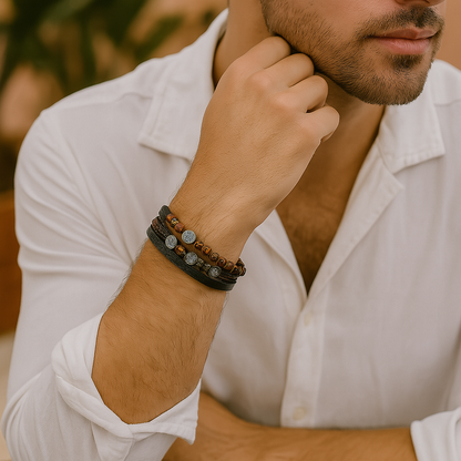 Men's Leather and Bead Bracelet with Tree of Life Charms - Dario