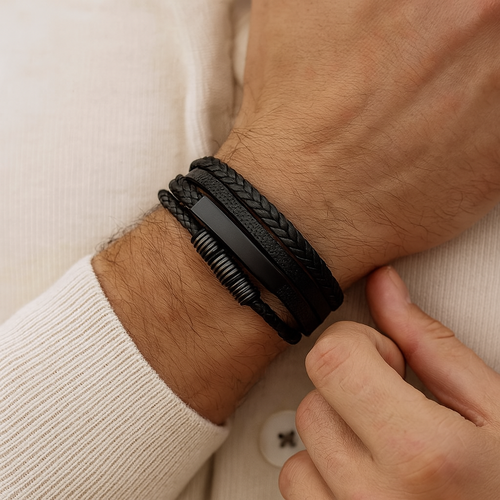 Men's Leather Bracelet with Gold Accents - Adriano