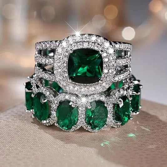 Green Silvered Crystalline Ring Set - Anya