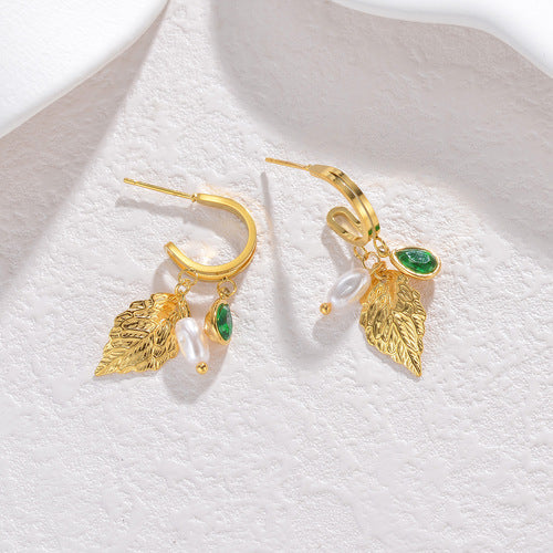 Pearl Leaf Charm Hoop Earrings