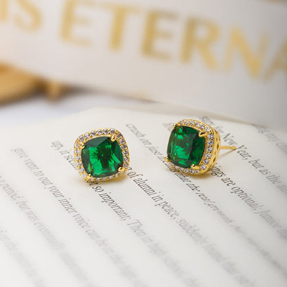 Gold earrings with square green stone - Clarissa