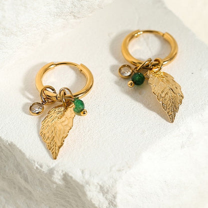Pearl Leaf Charm Hoop Earrings