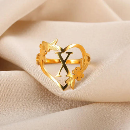 Floral Initial Heart Ring