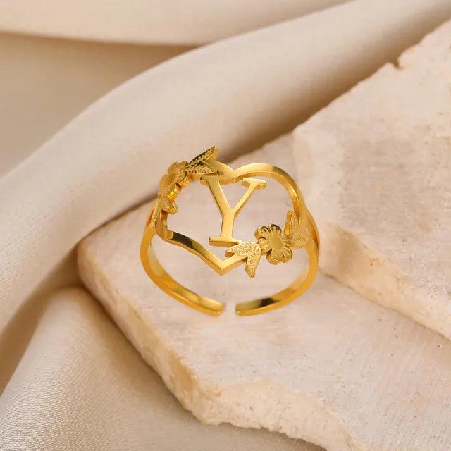 Floral Initial Heart Ring