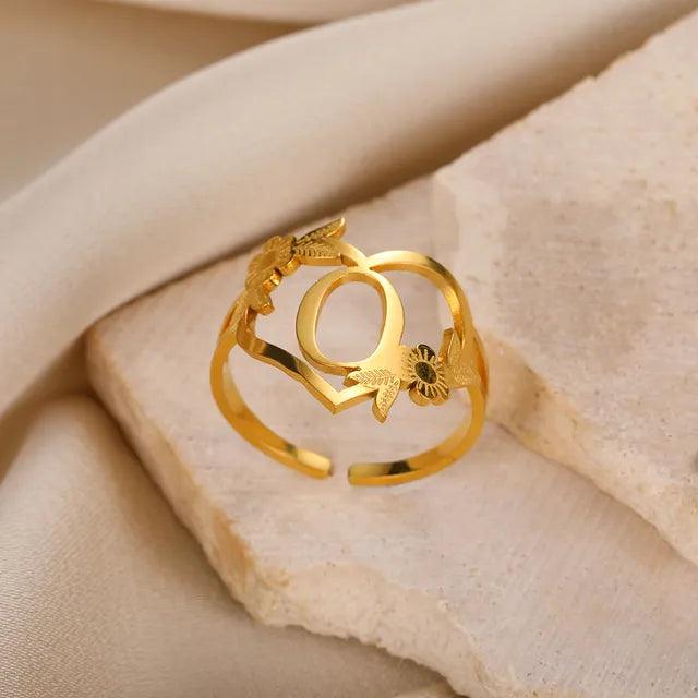 Floral Initial Heart Ring
