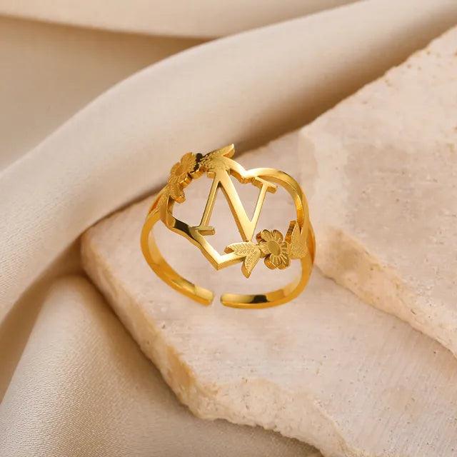 Floral Initial Heart Ring