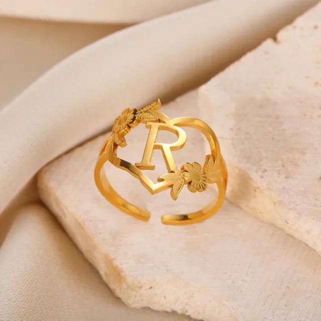 Floral Initial Heart Ring