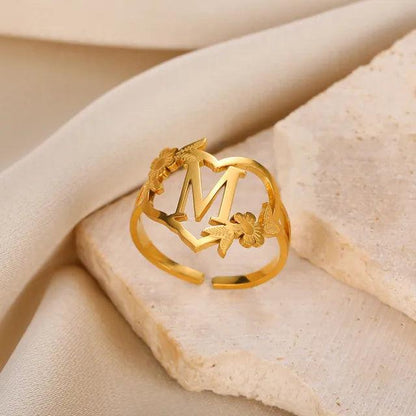 Floral Initial Heart Ring