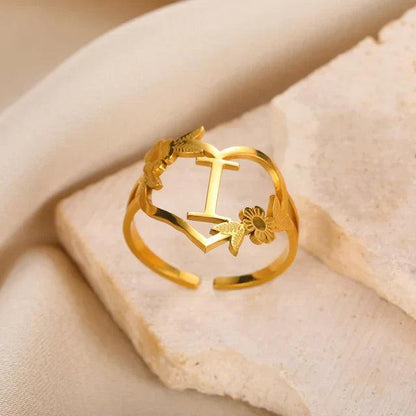 Floral Initial Heart Ring
