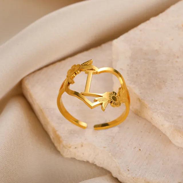 Floral Initial Heart Ring