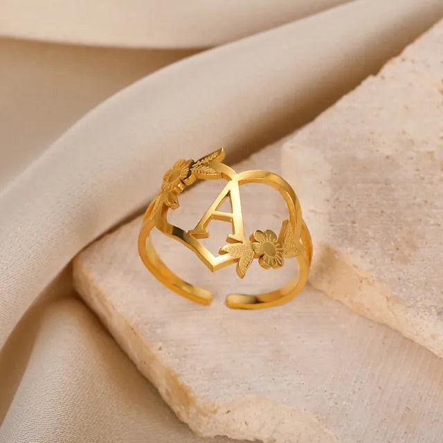 Floral Initial Heart Ring