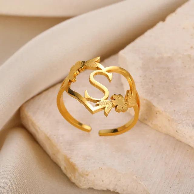 Floral Initial Heart Ring
