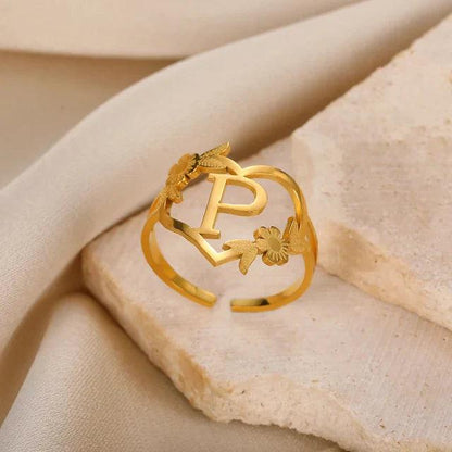 Floral Initial Heart Ring