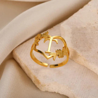 Floral Initial Heart Ring