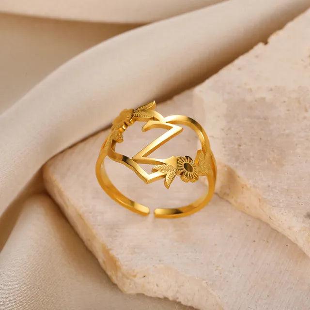 Floral Initial Heart Ring