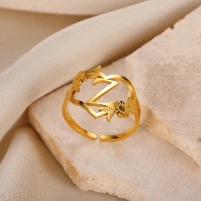 Floral Initial Heart Ring