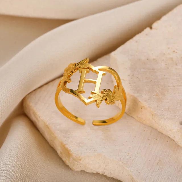 Floral Initial Heart Ring