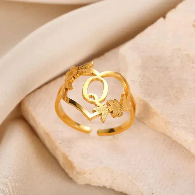 Floral Initial Heart Ring