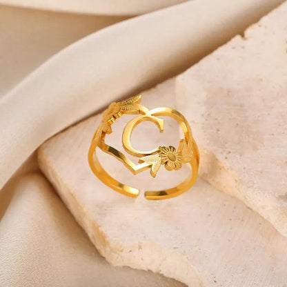 Floral Initial Heart Ring